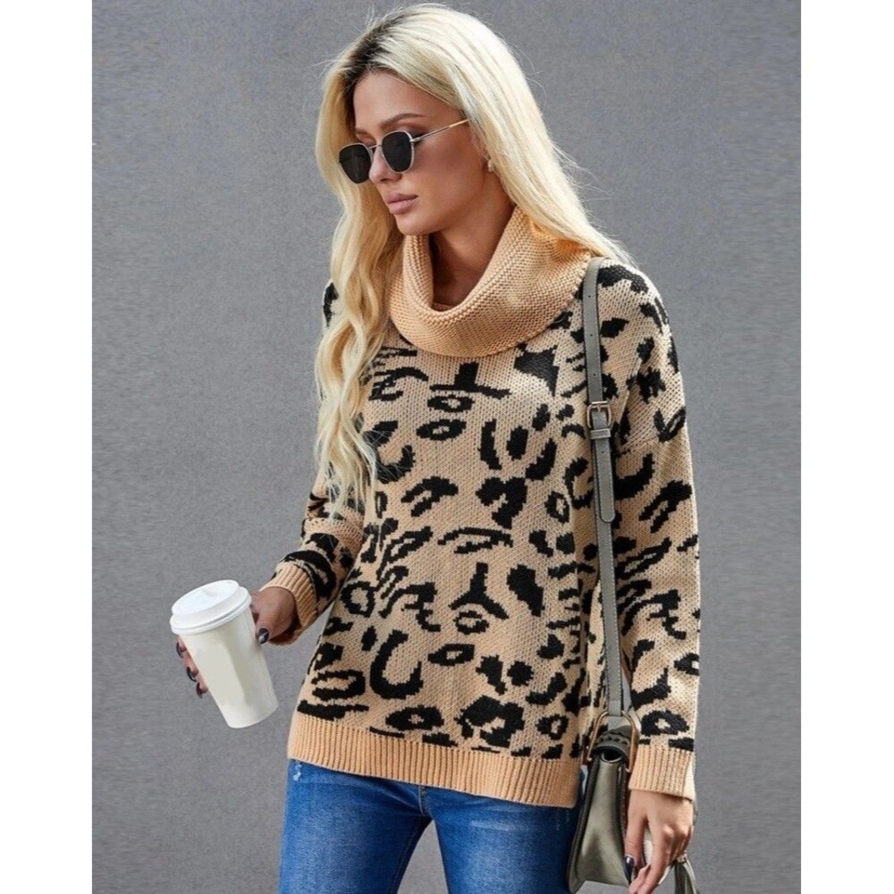 CHIC HAPPENS Leopard Cozy Knit Women’s Long Sleeve Turtleneck Sweater Side Slit